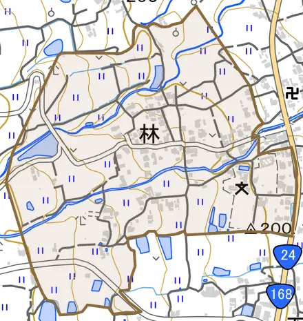 大字林とその周辺の地図。町の範囲を重ねている