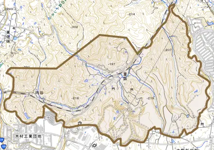大字重阪とその周辺の地図。町の範囲を重ねている