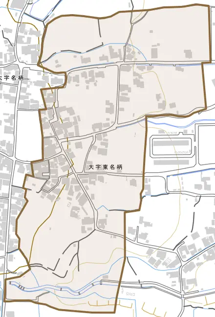 大字東名柄とその周辺の地図。町の範囲を重ねている