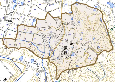 大字東佐味とその周辺の地図。町の範囲を重ねている