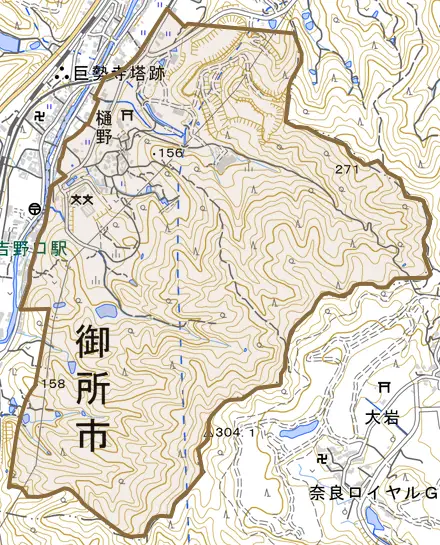 大字樋野とその周辺の地図。町の範囲を重ねている
