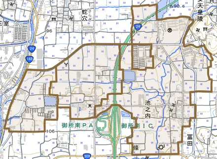 大字池之内とその周辺の地図。町の範囲を重ねている
