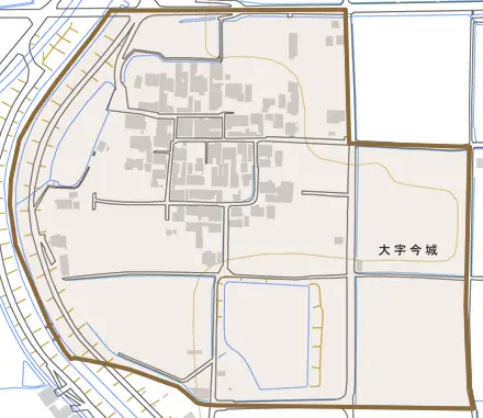 大字今城とその周辺の地図。町の範囲を重ねている