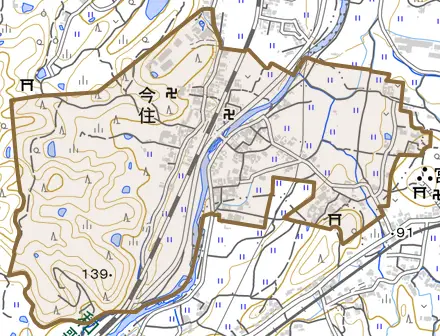 大字今住とその周辺の地図。町の範囲を重ねている