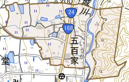 大字五百家とその周辺の地図。町の範囲を重ねている
