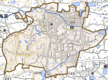 大字小林とその周辺の地図。町の範囲を重ねている