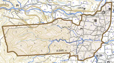 大字増とその周辺の地図。町の範囲を重ねている