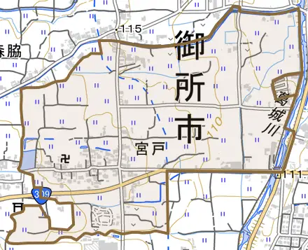 大字宮戸とその周辺の地図。町の範囲を重ねている