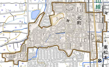 大字元町とその周辺の地図。町の範囲を重ねている