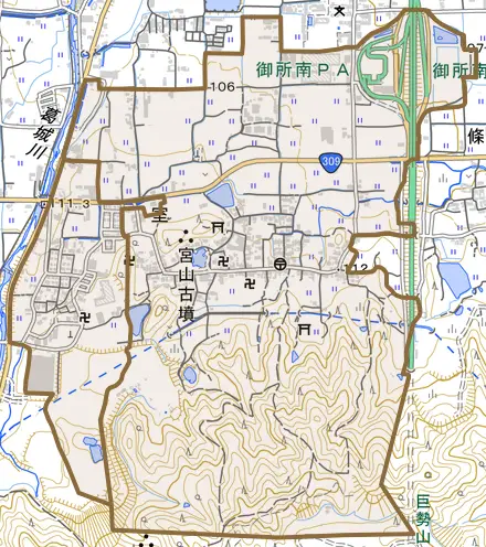 大字室とその周辺の地図。町の範囲を重ねている