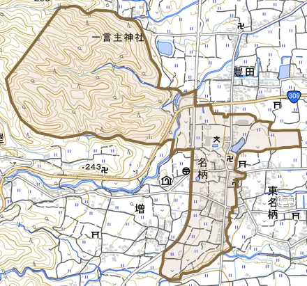大字名柄とその周辺の地図。町の範囲を重ねている