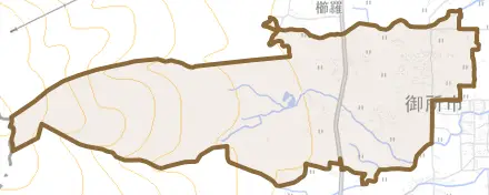 大字楢原とその周辺の地図。町の範囲を重ねている