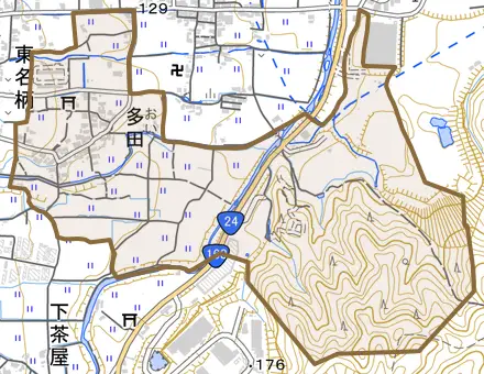 大字多田とその周辺の地図。町の範囲を重ねている