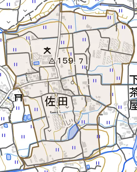 大字佐田とその周辺の地図。町の範囲を重ねている