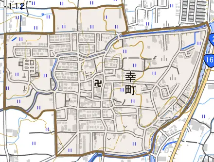大字幸町とその周辺の地図。町の範囲を重ねている