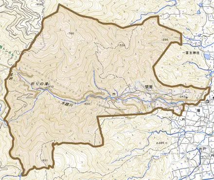 大字関屋とその周辺の地図。町の範囲を重ねている