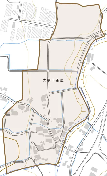 大字下茶屋とその周辺の地図。町の範囲を重ねている