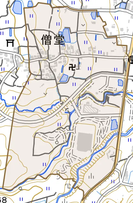 大字僧堂とその周辺の地図。町の範囲を重ねている