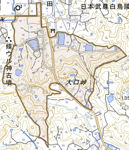 大字出走とその周辺の地図。町の範囲を重ねている