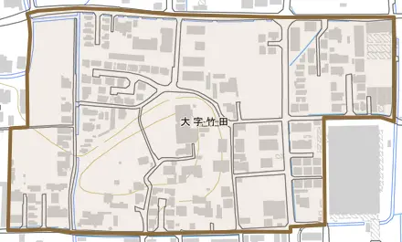 大字竹田とその周辺の地図。町の範囲を重ねている