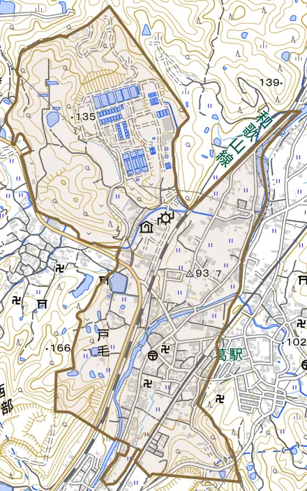 大字戸毛とその周辺の地図。町の範囲を重ねている