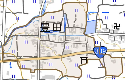 大字豊田とその周辺の地図。町の範囲を重ねている