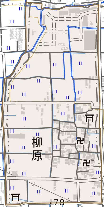 大字柳原とその周辺の地図。町の範囲を重ねている