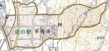 大字平等寺とその周辺の地図。町の範囲を重ねている