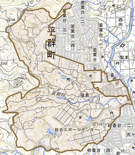 大字福貴とその周辺の地図。町の範囲を重ねている