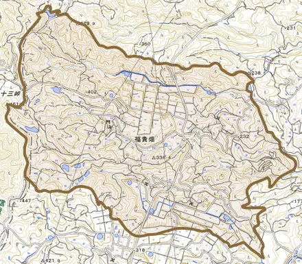 大字福貴畑とその周辺の地図。町の範囲を重ねている