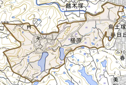 大字椹原とその周辺の地図。町の範囲を重ねている