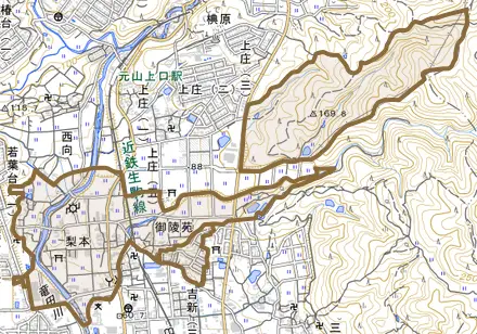 大字梨本とその周辺の地図。町の範囲を重ねている