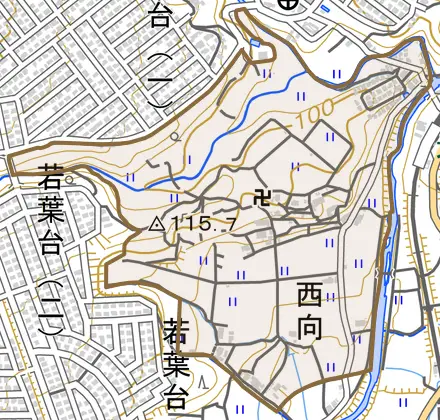 大字西向とその周辺の地図。町の範囲を重ねている