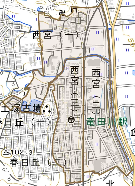 西宮とその周辺の地図。町の範囲を重ねている