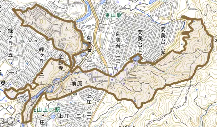 大字椣原とその周辺の地図。町の範囲を重ねている
