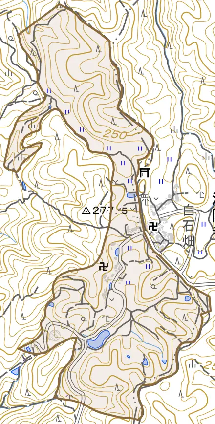 大字白石畑とその周辺の地図。町の範囲を重ねている