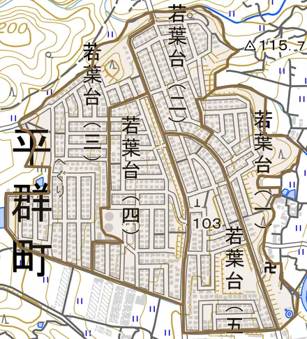 若葉台とその周辺の地図。町の範囲を重ねている