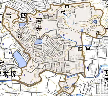 大字若井とその周辺の地図。町の範囲を重ねている