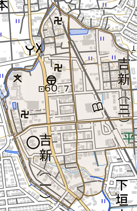 吉新とその周辺の地図。町の範囲を重ねている