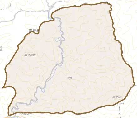 大字平野とその周辺の地図。町の範囲を重ねている