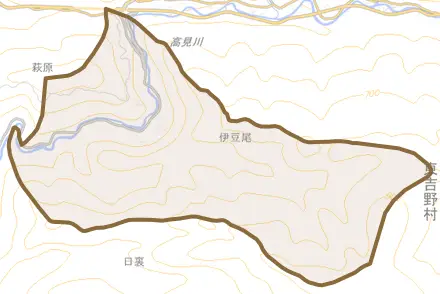 大字伊豆尾とその周辺の地図。町の範囲を重ねている