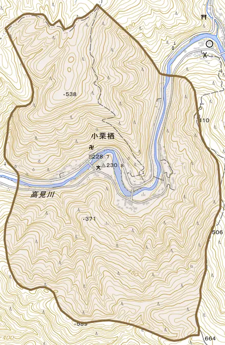 大字小栗栖とその周辺の地図。町の範囲を重ねている