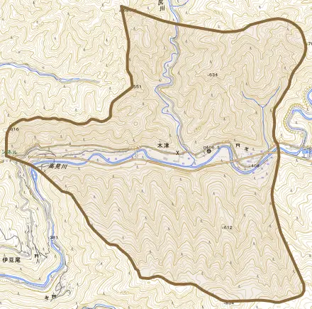 大字木津とその周辺の地図。町の範囲を重ねている