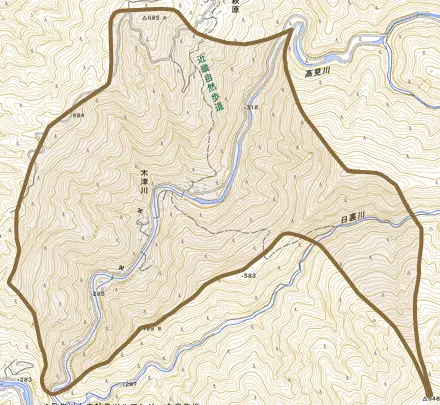 大字木津川とその周辺の地図。町の範囲を重ねている