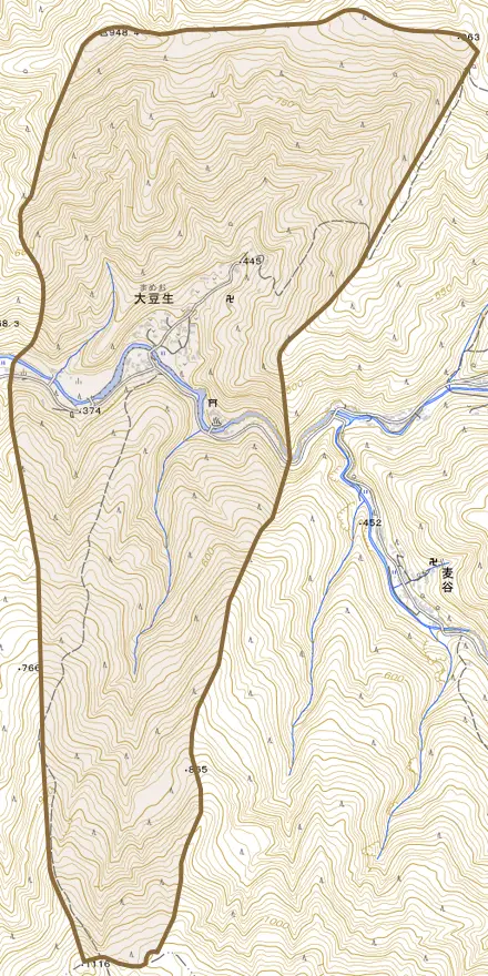 大字大豆生とその周辺の地図。町の範囲を重ねている