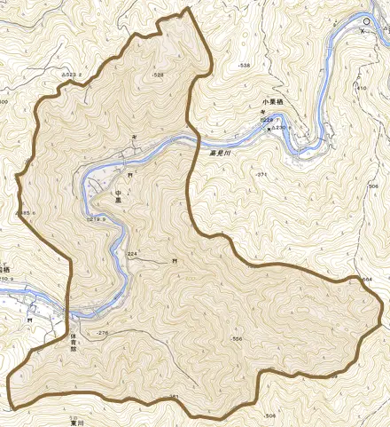 大字中黒とその周辺の地図。町の範囲を重ねている