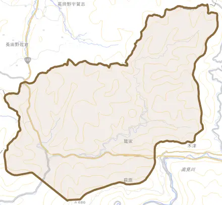 大字鷲家とその周辺の地図。町の範囲を重ねている
