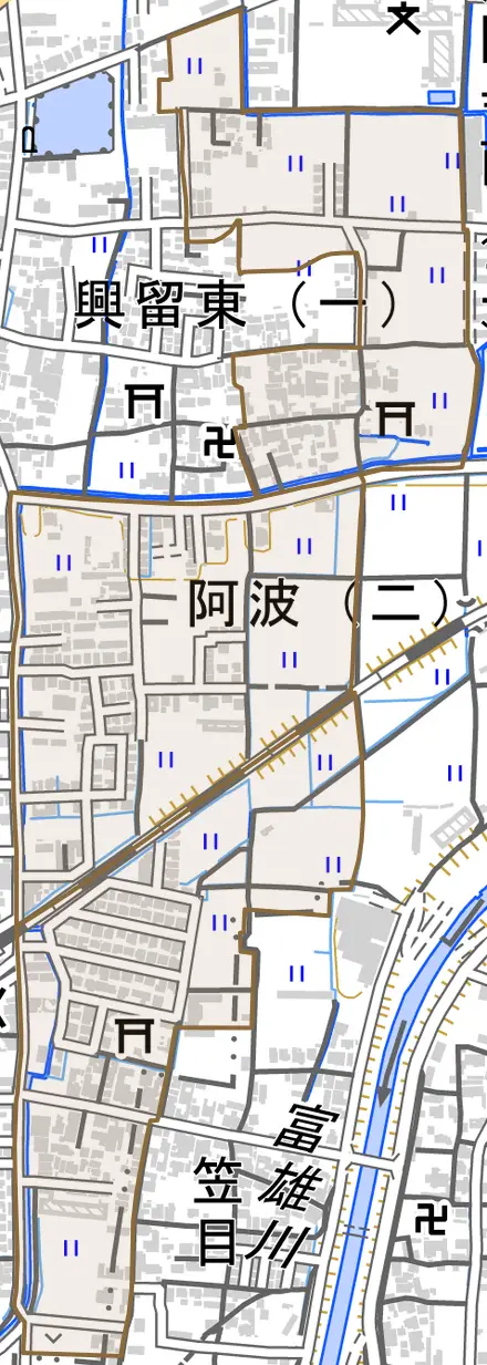 阿波とその周辺の地図。町の範囲を重ねている