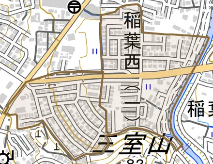 稲葉西とその周辺の地図。町の範囲を重ねている