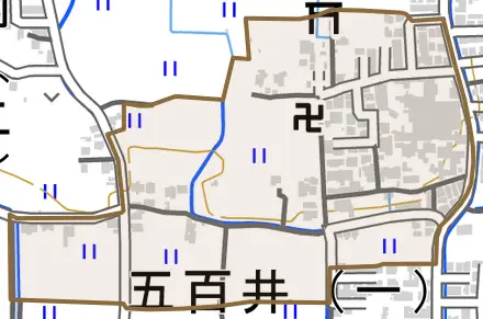 五百井とその周辺の地図。町の範囲を重ねている